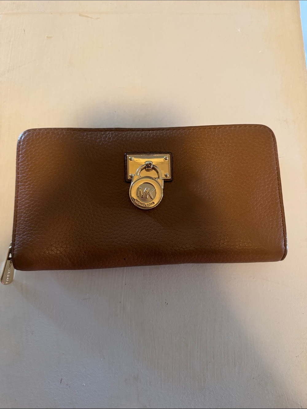 Michael Kors Brown Pebbled Leather Zip Wallet with Gold Hardware